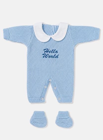 Baby "Hello World" Embroidered 2-Piece Knitted Set - Baby Blue