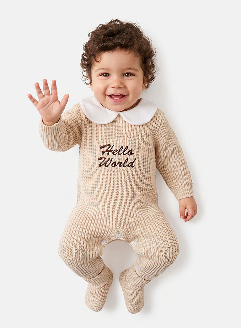 Baby "Hello World" Embroidered 2-Piece Knitted Set - Beige