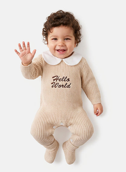 Baby "Hello World" Embroidered 2-Piece Knitted Set - Beige