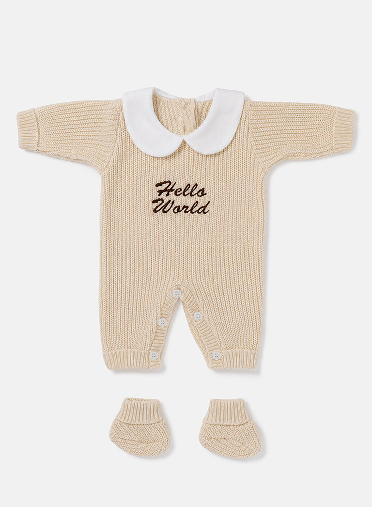 Baby "Hello World" Embroidered 2-Piece Knitted Set - Beige