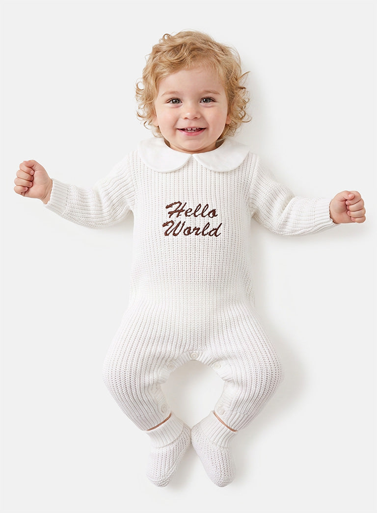 Baby "Hello World" Embroidered 2-Piece Knitted Set - Ivory