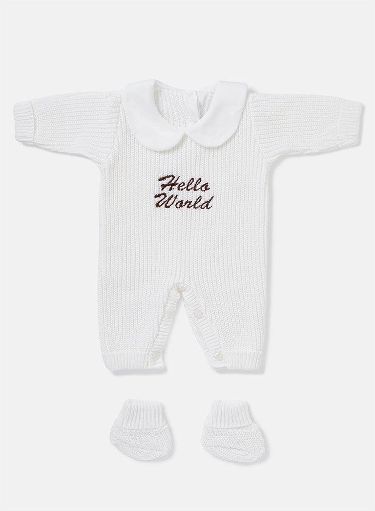 Baby "Hello World" Embroidered 2-Piece Knitted Set - Ivory