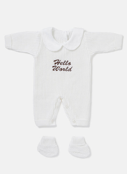 Baby "Hello World" Embroidered 2-Piece Knitted Set - Ivory