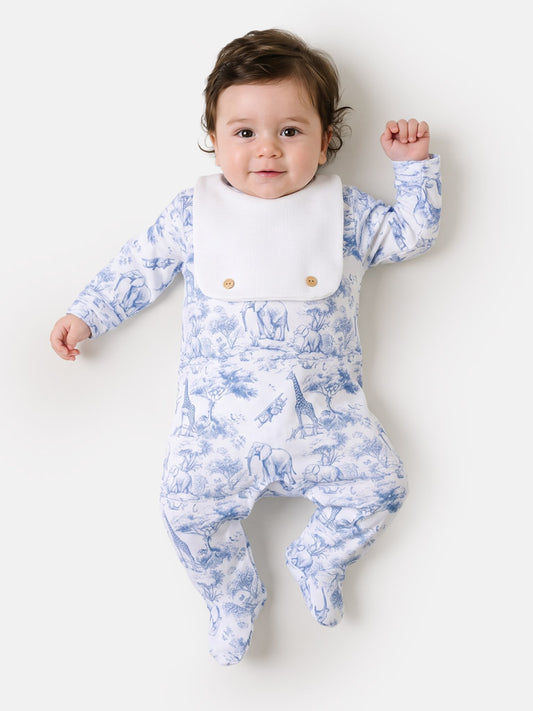 Velour Safari Grow with Attached Small Bib & Buttons - Safari Collection - Baby Blue