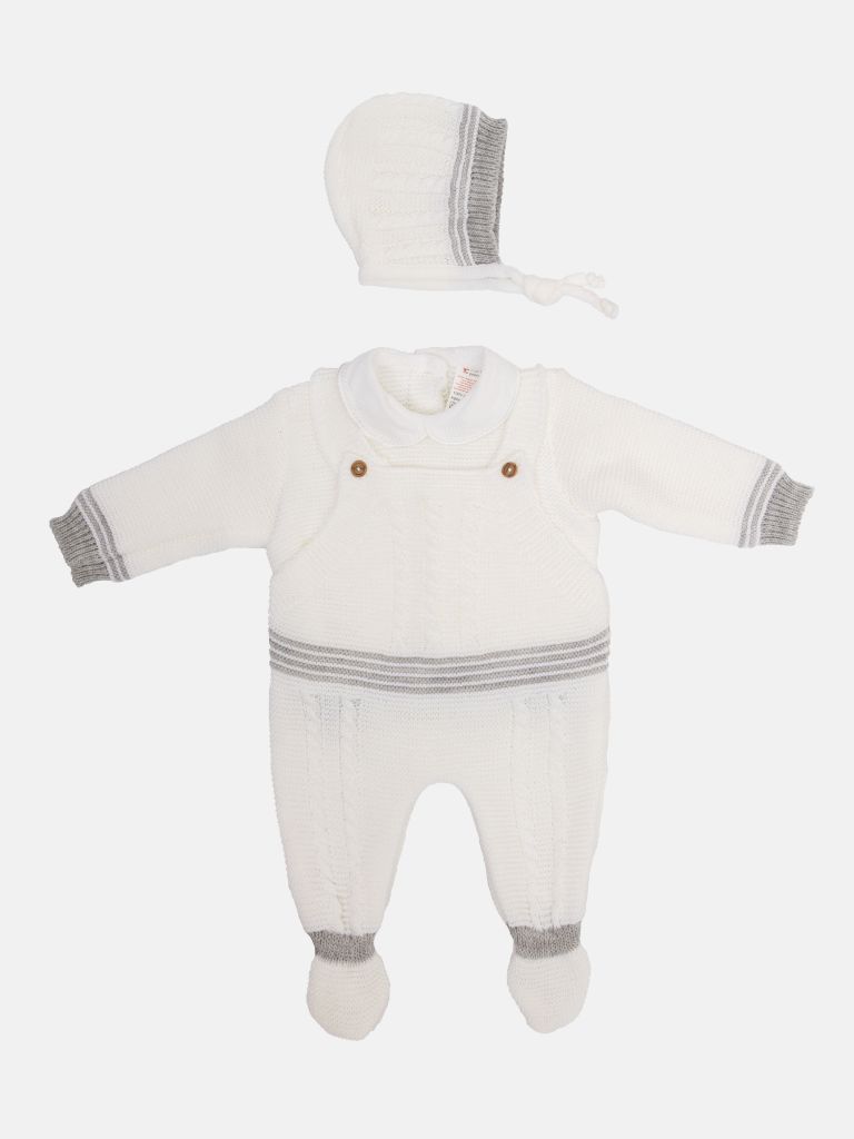 Baby Unisex 3-piece Top, Dungaree & Bonnet Cable Knitted Set - White & Grey