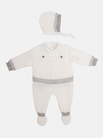 Baby Unisex 3-piece Top, Dungaree & Bonnet Cable Knitted Set - White & Grey