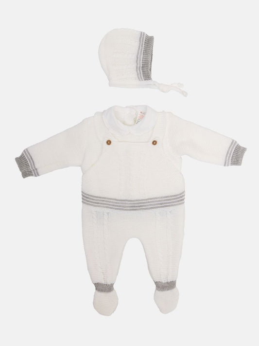 Baby Unisex 3-piece Top, Dungaree & Bonnet Cable Knitted Set - White & Grey