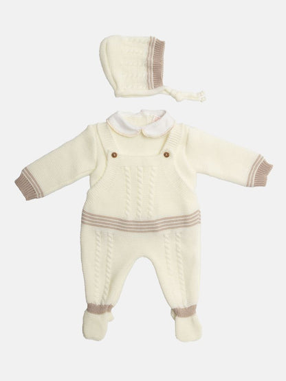 Baby Unisex 3-piece Top, Dungaree & Bonnet Cable Knitted Set - Ivory & Beige