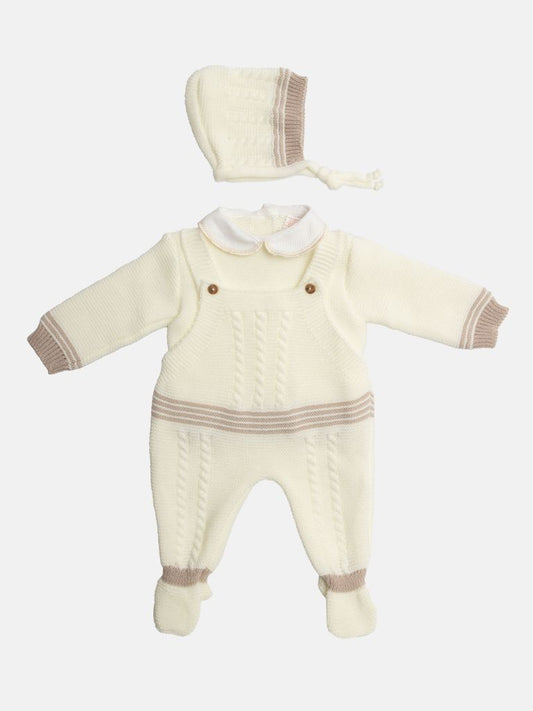 Baby Unisex 3-piece Top, Dungaree & Bonnet Cable Knitted Set - Ivory & Beige