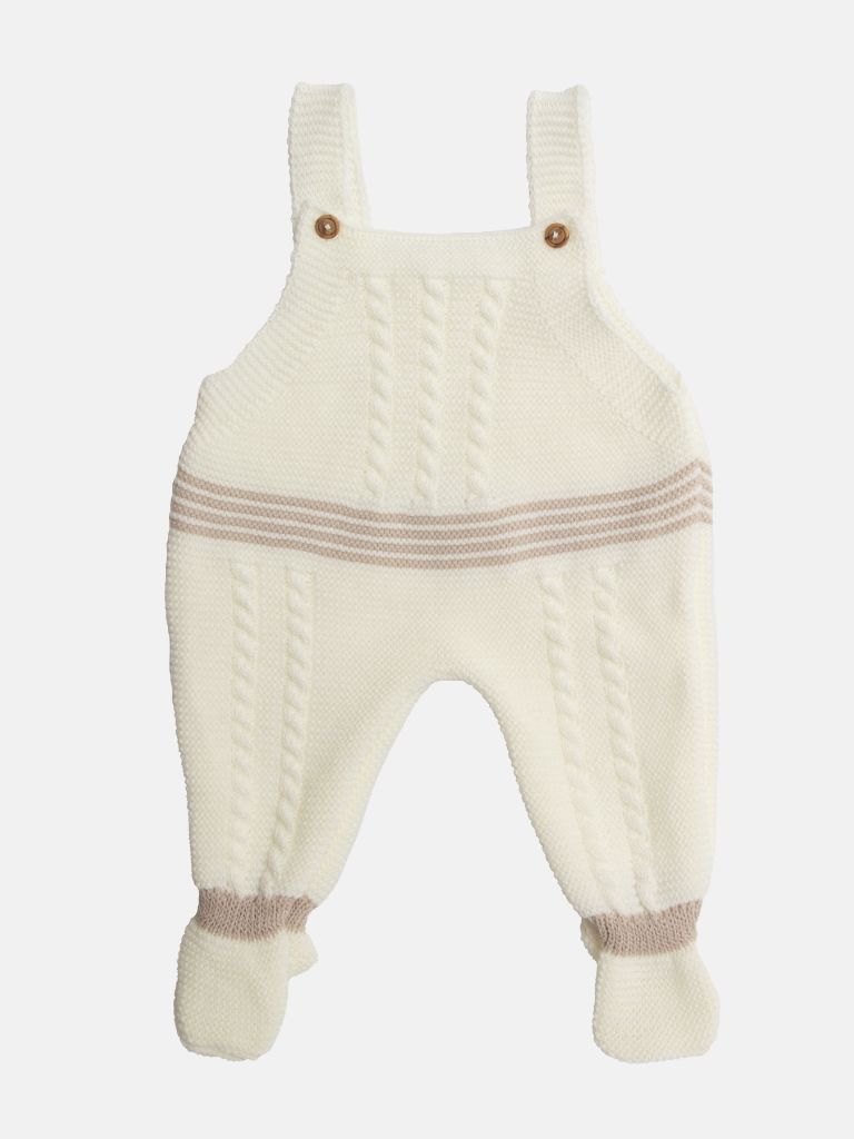 Baby Unisex 3-piece Top, Dungaree & Bonnet Cable Knitted Set - Ivory & Beige