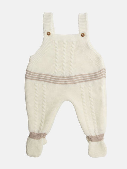 Baby Unisex 3-piece Top, Dungaree & Bonnet Cable Knitted Set - Ivory & Beige