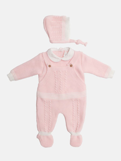 Baby Girl 3-piece Top, Dungaree & Bonnet Cable Knitted Set - Pink