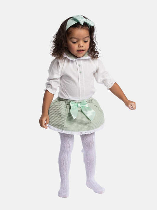 Baby Girl Rosa Waffle Romper with Big Bow and Lace - Mint Green