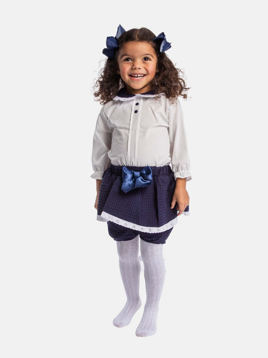 Baby Girl Rosa Waffle Romper with Big Bow and Lace - Navy Blue