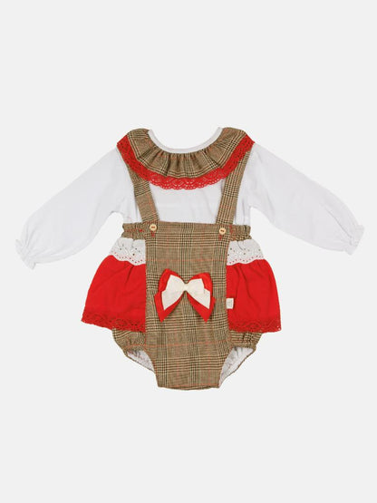 Baby Girl Winter Wonderland Collection Tartan Romper with Frills, Lace and Bows - Beige and Red collar