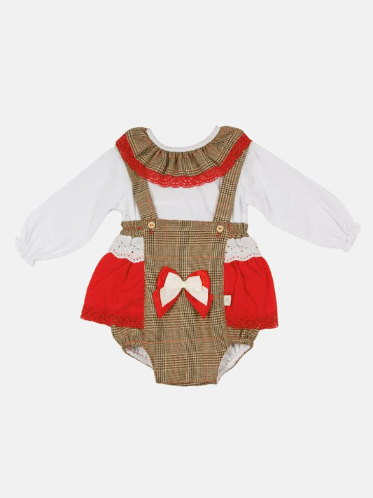 Baby Girl Winter Wonderland Collection Tartan Romper with Frills, Lace and Bows - Beige and Red collar