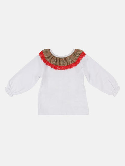 Baby Girl Winter Wonderland Collection Tartan Romper with Frills, Lace and Bows - Beige and Red collar