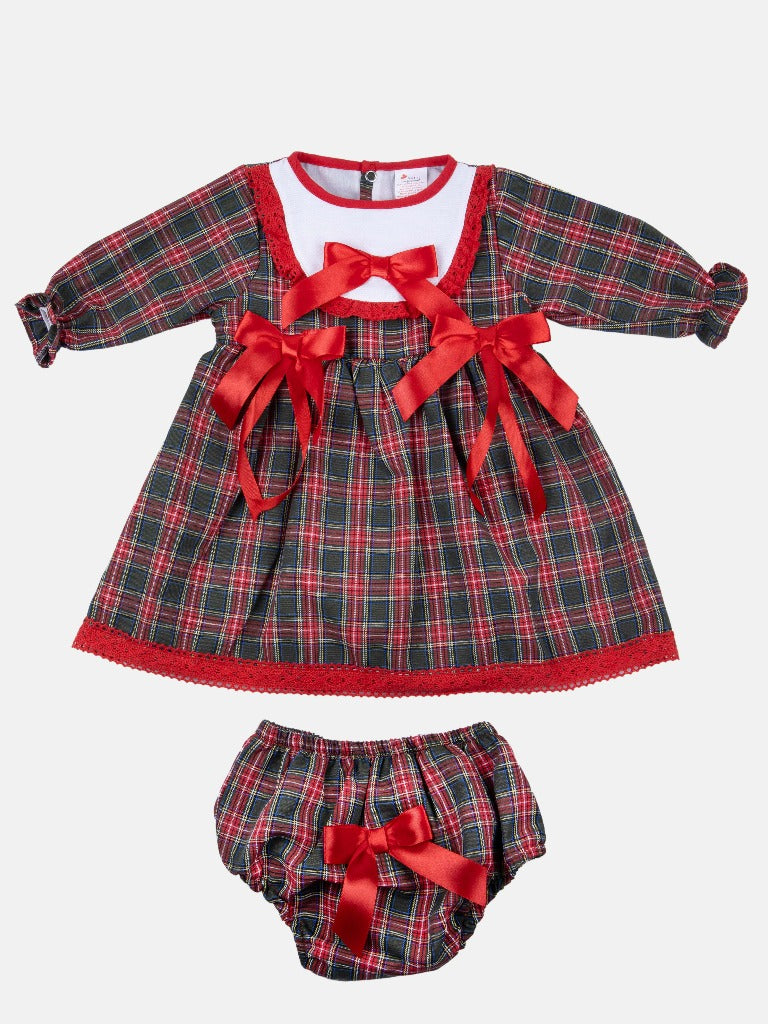 Baby Girl Little Reindeer Collection Tartan Dress with 3 Satin Bows - Red & Green