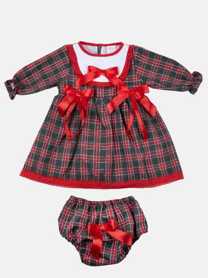 Baby Girl Little Reindeer Collection Tartan Dress with 3 Satin Bows - Red & Green