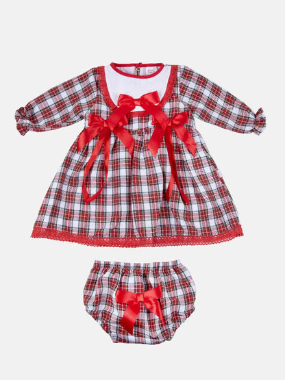 Baby Girl Little Reindeer Collection Tartan Dress with 3 Satin Bows - Red & White