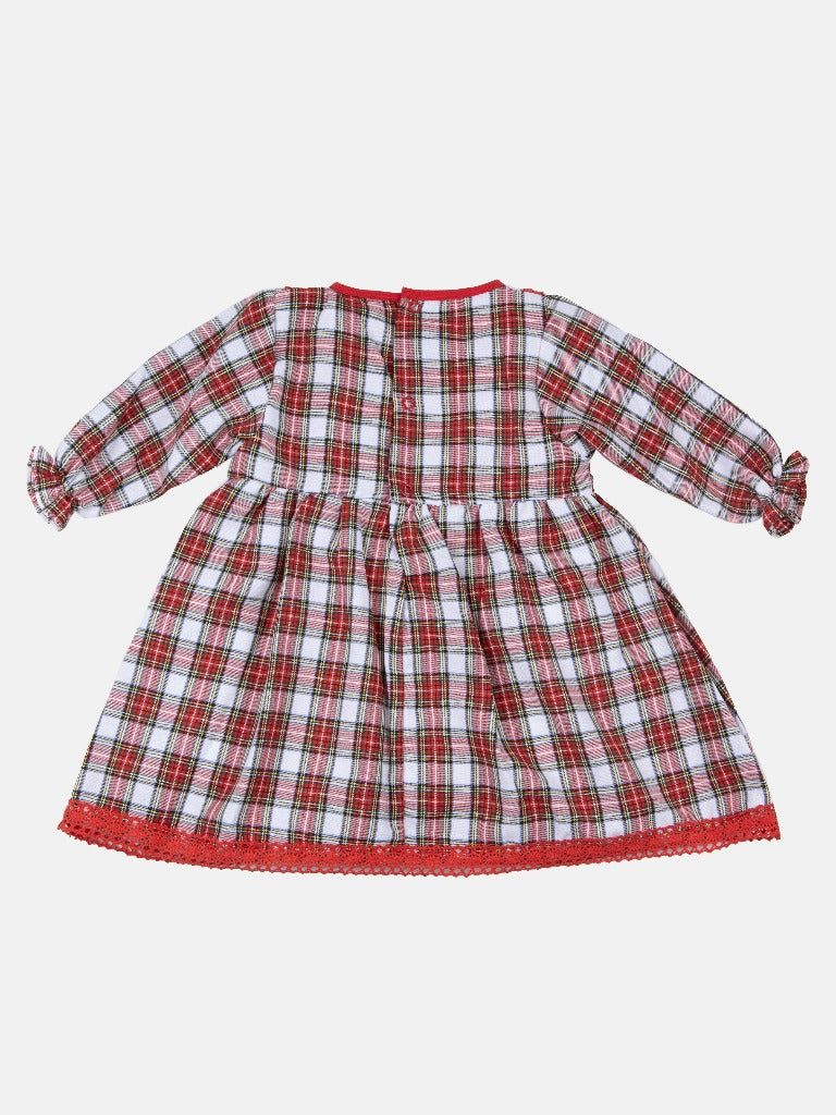 Baby Girl Little Reindeer Collection Tartan Dress with 3 Satin Bows - Red & White