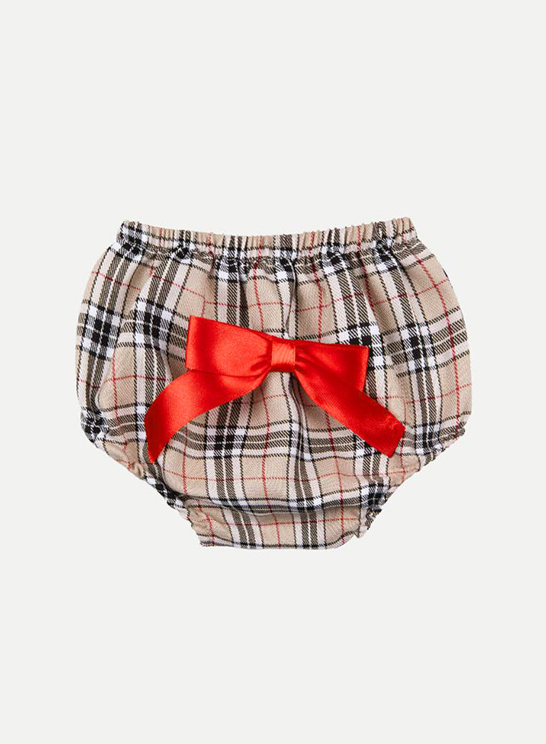 Baby Girl Little Reindeer Collection Tartan Dress with 3 Satin Bows - Beige