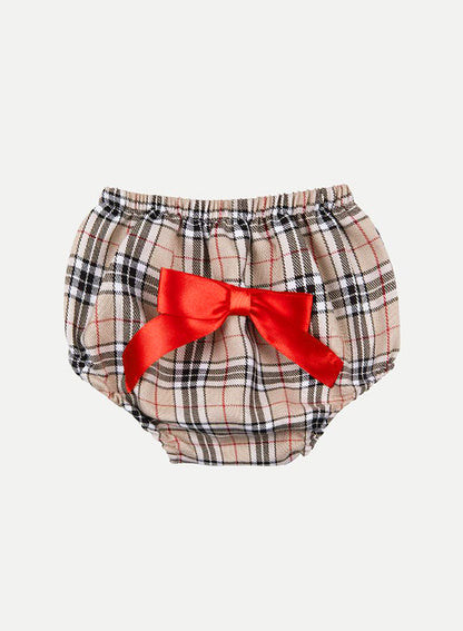 Baby Girl Little Reindeer Collection Tartan Dress with 3 Satin Bows - Beige