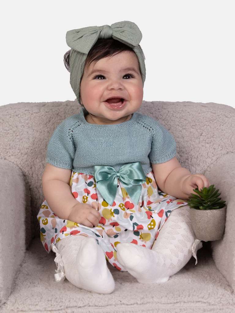 Baby Girl Nova Collection Half Knitted Spanish Dress - Mint Green & Cherries