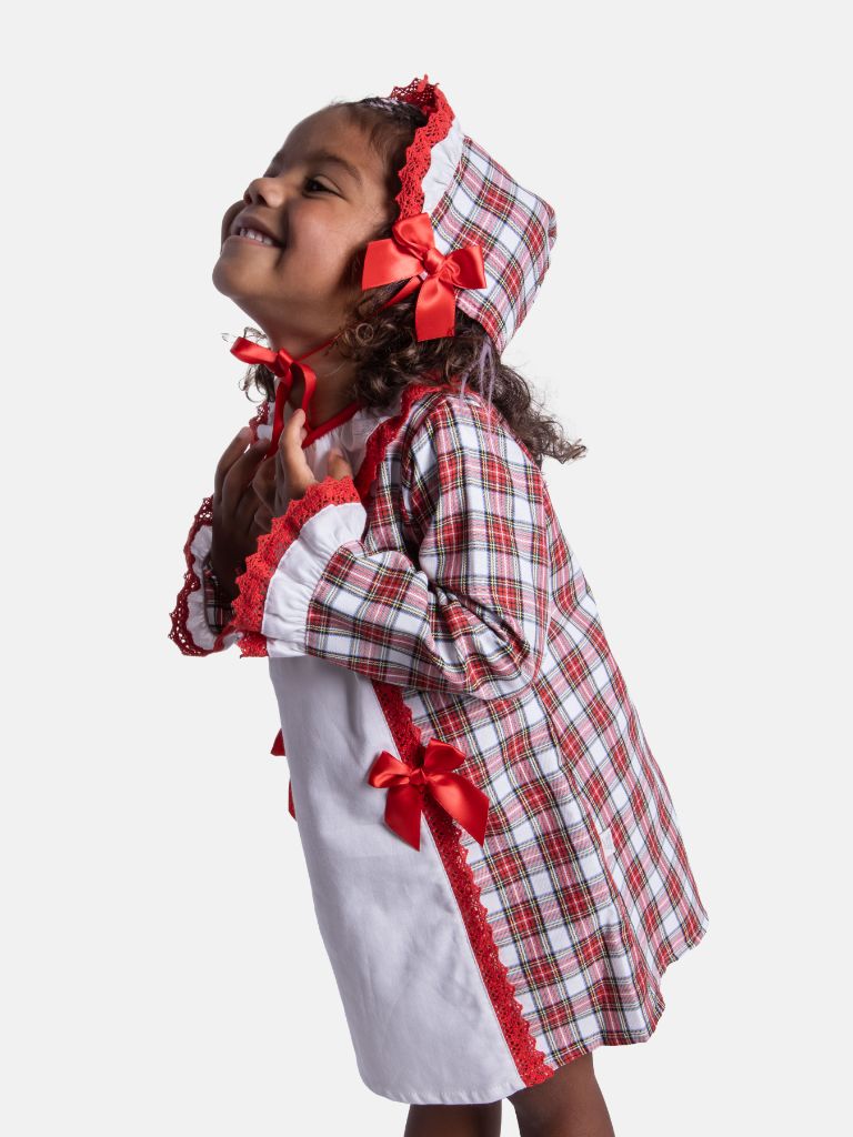 Baby Girl Candy Cane Cuties Collection Tartan Dress with Satin Bows and Bonnet - Red & White