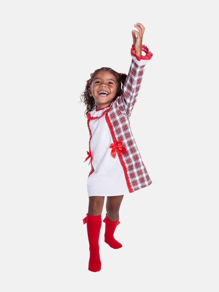 Baby Girl Candy Cane Cuties Collection Tartan Dress with Satin Bows and Bonnet - Red & White