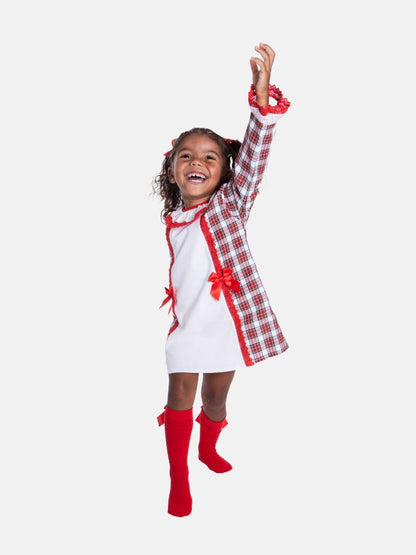 Baby Girl Candy Cane Cuties Collection Tartan Dress with Satin Bows and Bonnet - Red & White