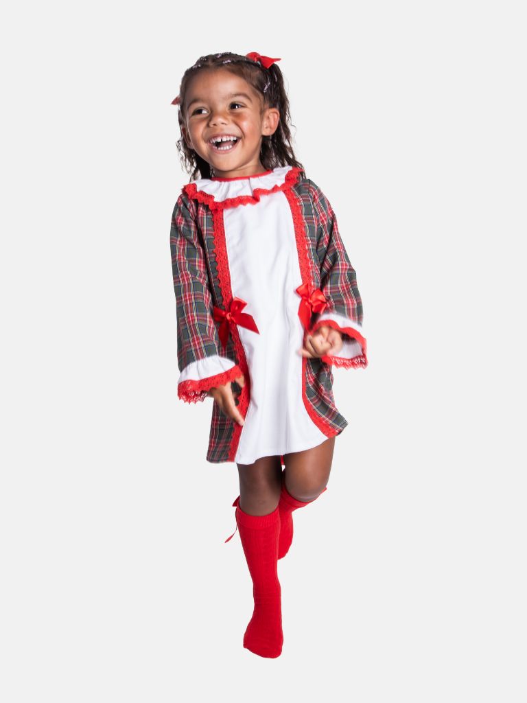 Baby Girl Candy Cane Cuties Collection Tartan Dress with Satin Bows and Bonnet - Red & Green