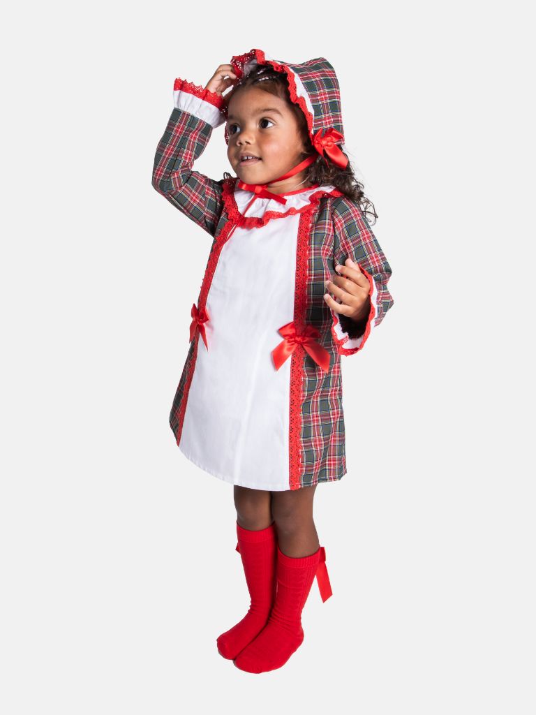 Baby Girl Candy Cane Cuties Collection Tartan Dress with Satin Bows and Bonnet - Red & Green