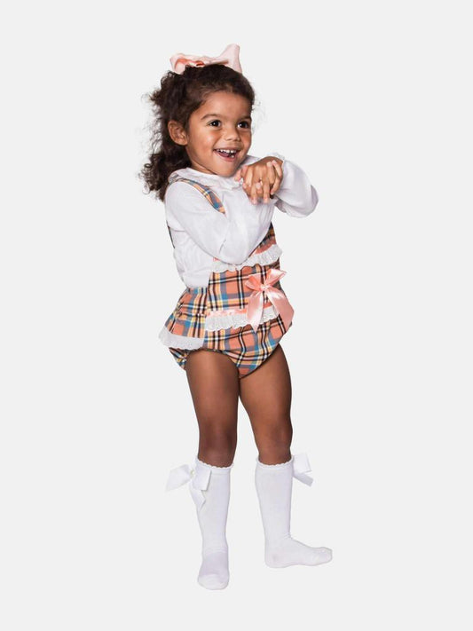 Baby Girl Luxury Tartan Romper - Orange with Peach Bow