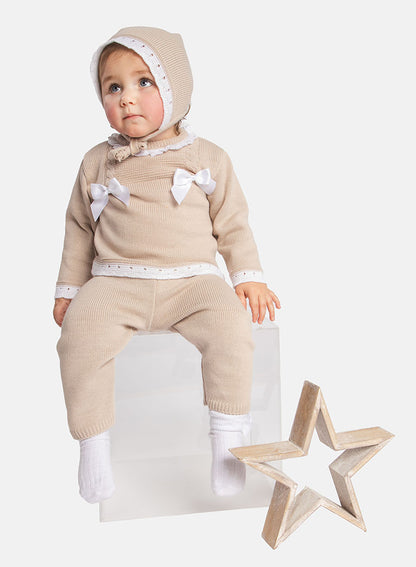 Baby Girl Ana Collection 3-piece Knitted Set with Bonnet - Beige