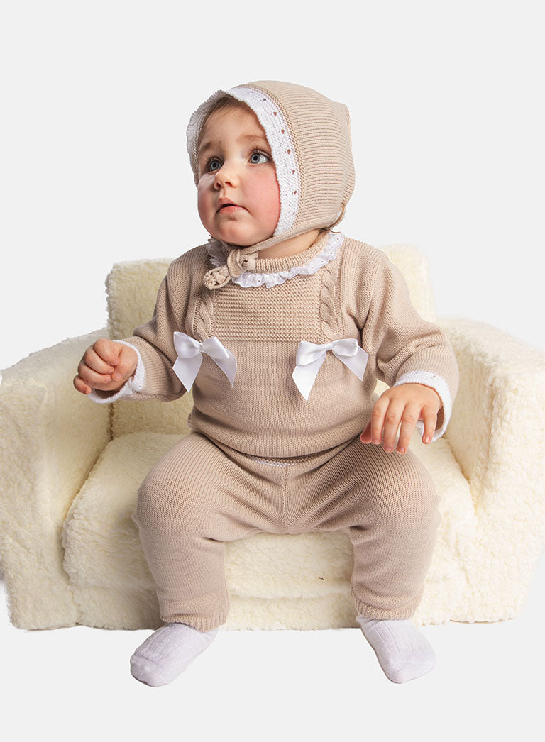 Baby Girl Ana Collection 3-piece Knitted Set with Bonnet - Beige