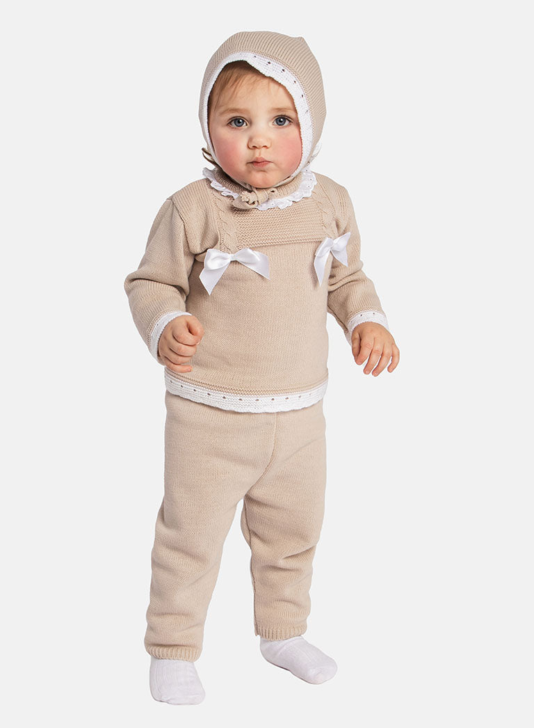 Baby Girl Ana Collection 3-piece Knitted Set with Bonnet - Beige