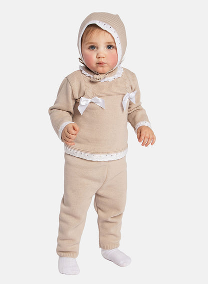 Baby Girl Ana Collection 3-piece Knitted Set with Bonnet - Beige