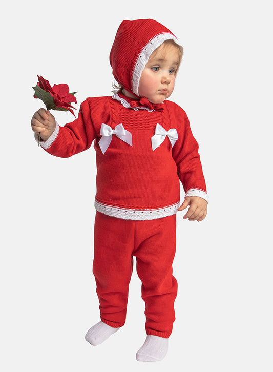 Baby Girl Ana Collection 3-piece Knitted Set with Bonnet - Red