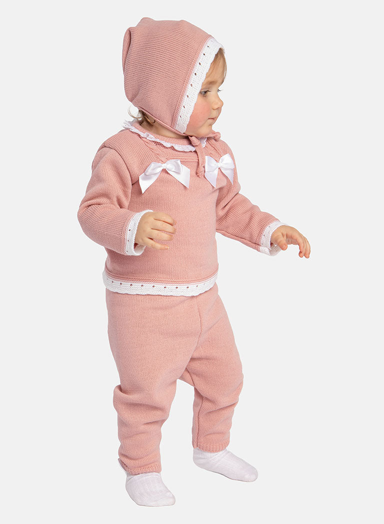 Baby Girl Ana Collection 3-piece Knitted Set with Bonnet - Dusty Pink