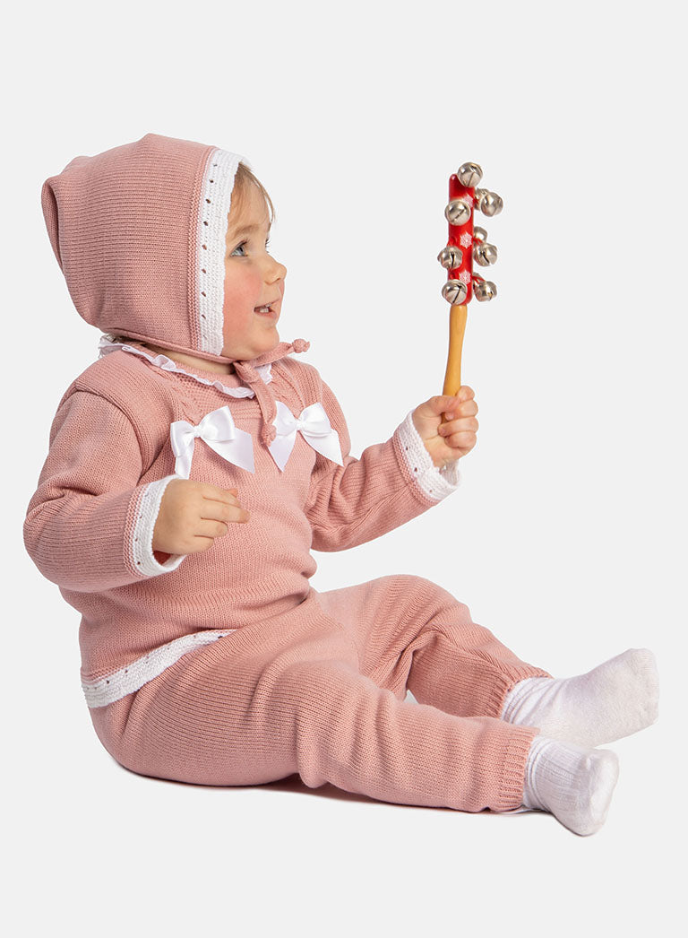 Baby Girl Ana Collection 3-piece Knitted Set with Bonnet - Dusty Pink