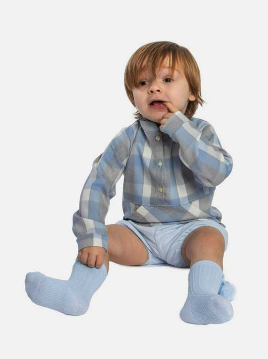 Baby Boy Aiden Collection Tartan Spanish Shirt with Jam Pants-Baby Blue