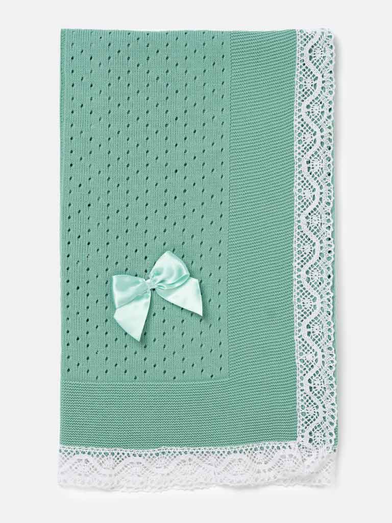 Baby Open Dot Knitted Spanish Blanket with Bow - Mint Green