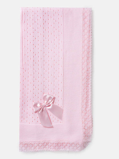 Baby Open Dot Knitted Spanish Blanket with Bow - Pink