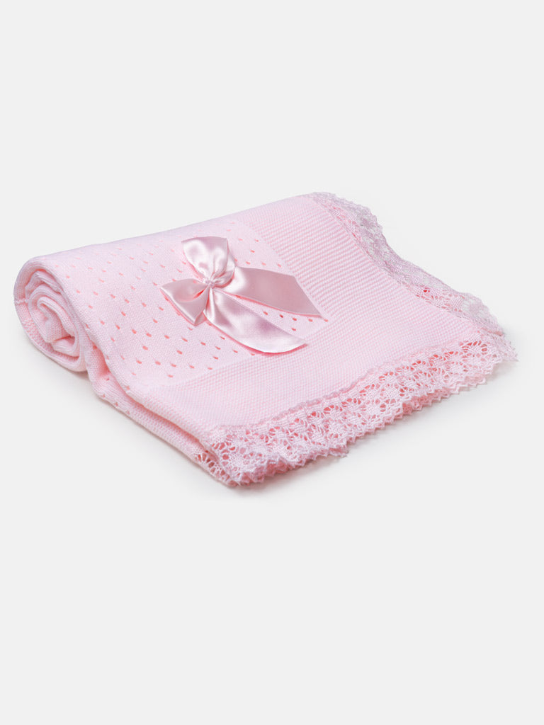 Baby Open Dot Knitted Spanish Blanket with Bow - Pink