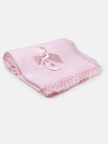 Baby Open Dot Knitted Spanish Blanket with Bow - Pink