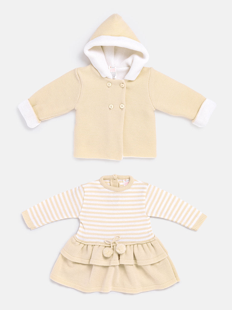 Baby Girl Carlota Collection Knitted Coat & Dress Spanish Set - Beige