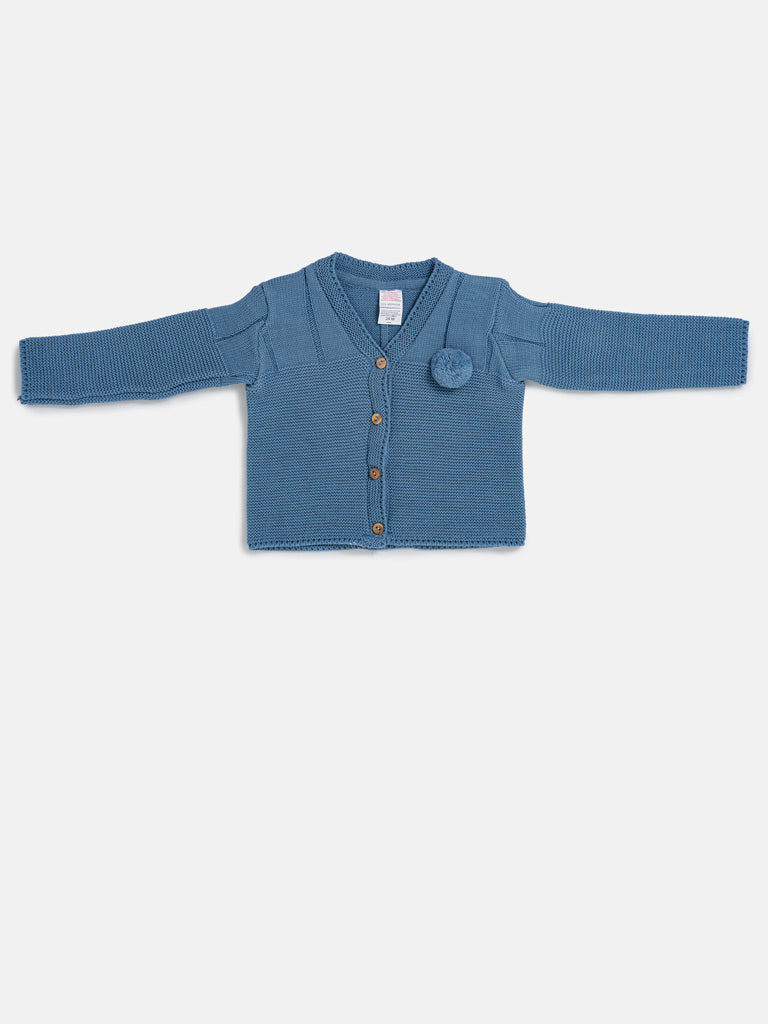 Baby Boy Button-Down Knitted Cardigan with Pom-Pom - Blue