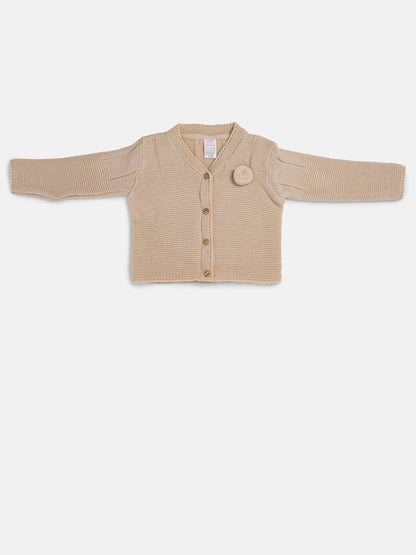 Baby Boy Button-Down Knitted Cardigan with Pom-Pom - Beige