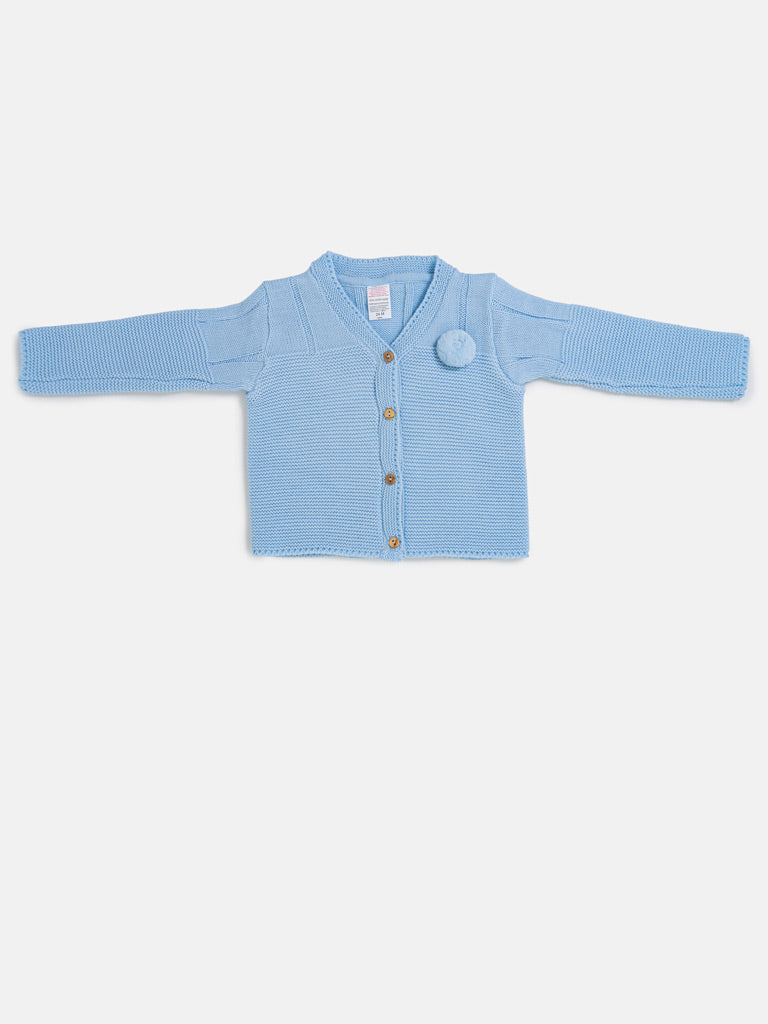 Baby Boy Button-Down Knitted Cardigan with Pom-Pom - Baby Blue